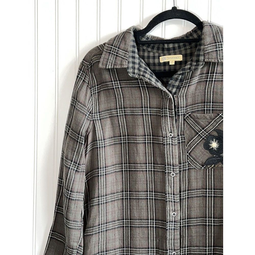 Democracy Plaid Button Down Too Women Small Green  Long Sleeve Embroidery Pocket - Picture 7 of 10
